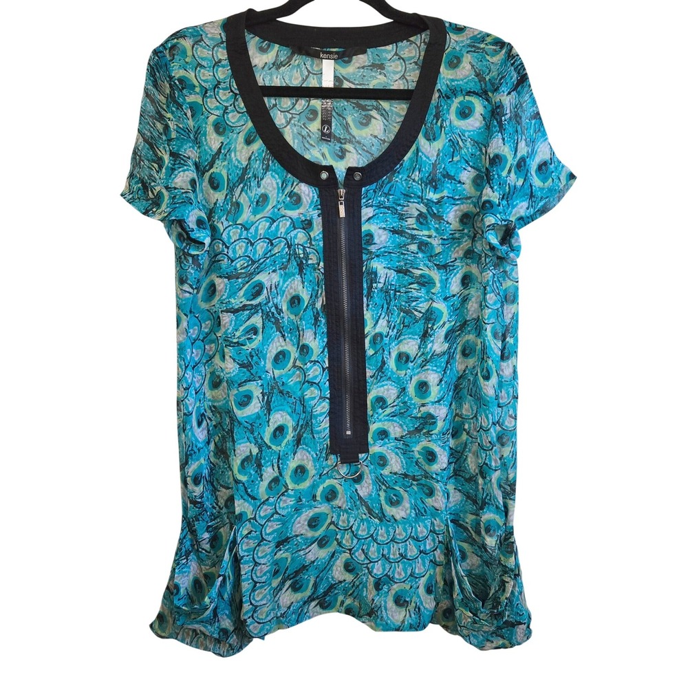 Kensie Artsy Sheer Peacock Feather Print Chiffon Blouse LG Teal Blue Zip Front